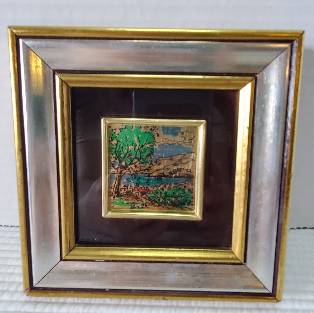 Gold Leaf Trees Chromolithograph 5x5 Su F. Oro Art Italy Vintage Signed